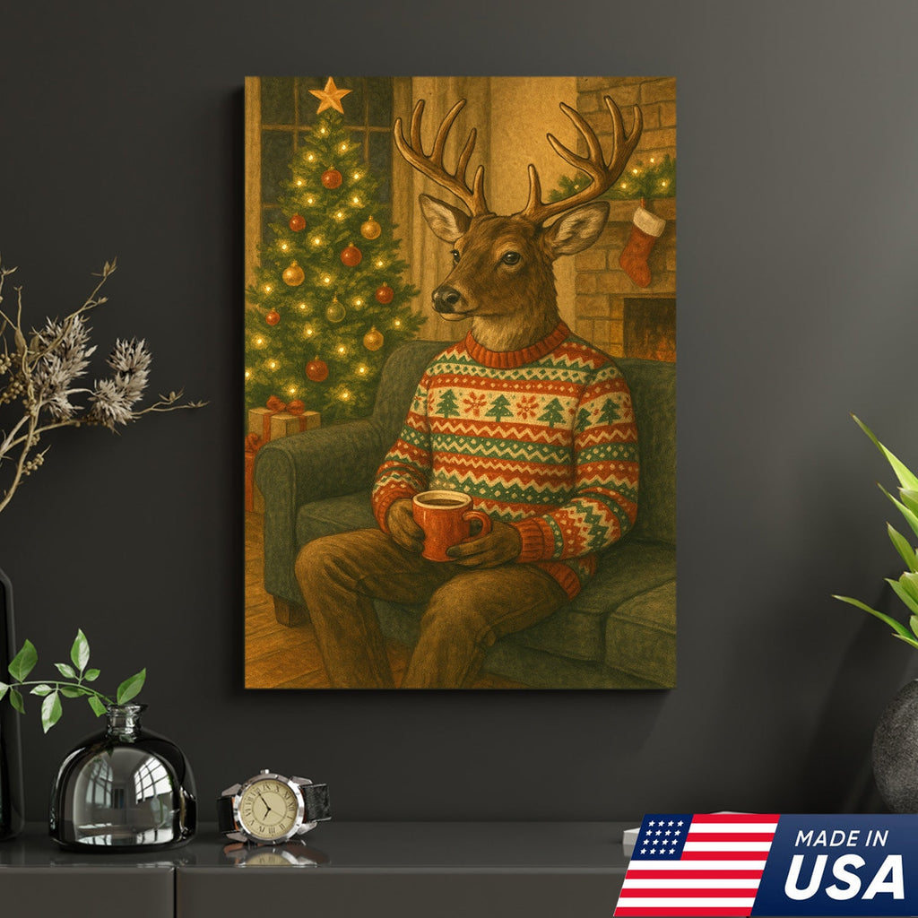 Cozy Christmas Deer Canvas Wall Art Print – Holiday Reindeer With Hot Cocoa