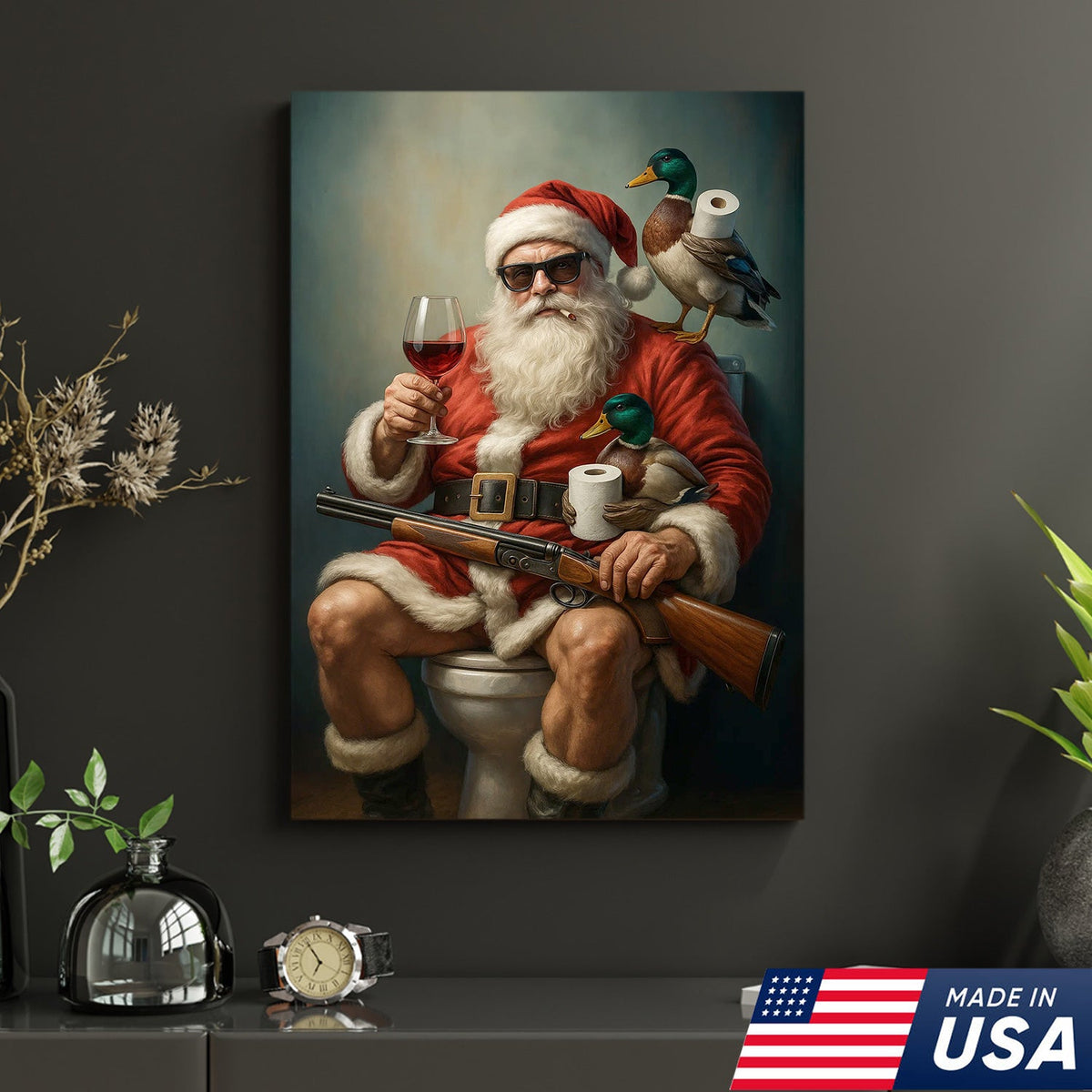 Santa Duck Hunting Christmas Canvas – Funny Holiday Wall Art for Rustic Cabin Bathroom Decor