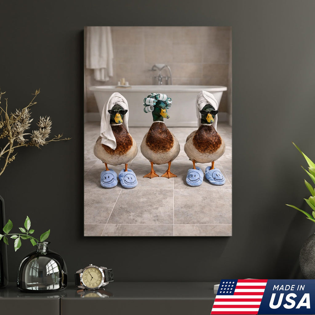 Funny Duck Spa Bathroom Canvas Wall Art, Whimsical Farm Animal Self Care Illustration
