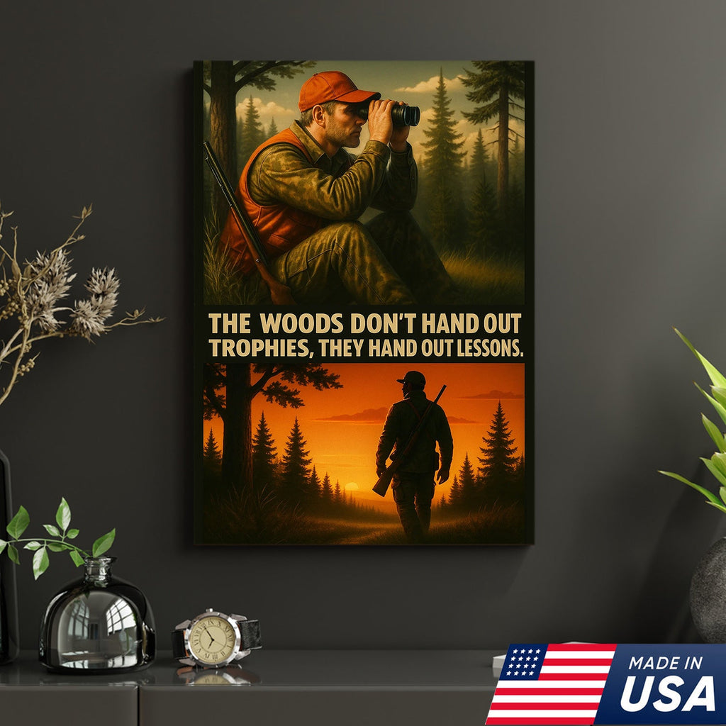 Inspirational Hunting Canvas Wall Art – Hunter in Forest with Rifle & Quote “The Woods Don’t Hand Out Trophies, They Hand Out Lessons”