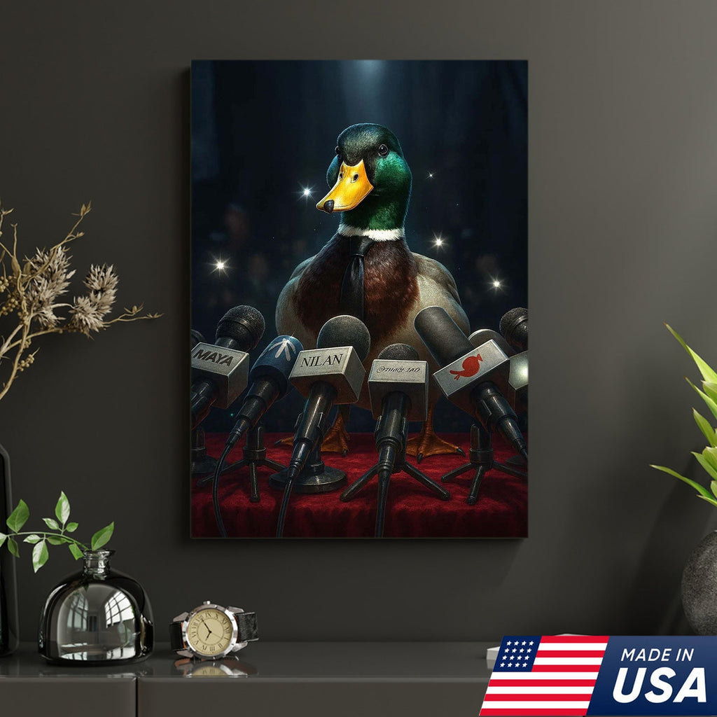 Confident Duck Press Conference Canvas Wall Art, Funny Animal Leader Humor Artwork