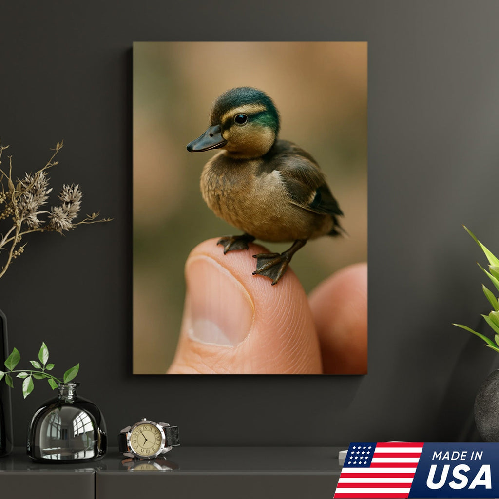 Cute Baby Duck Canvas Wall Art - Adorable Duckling Perched on Finger
