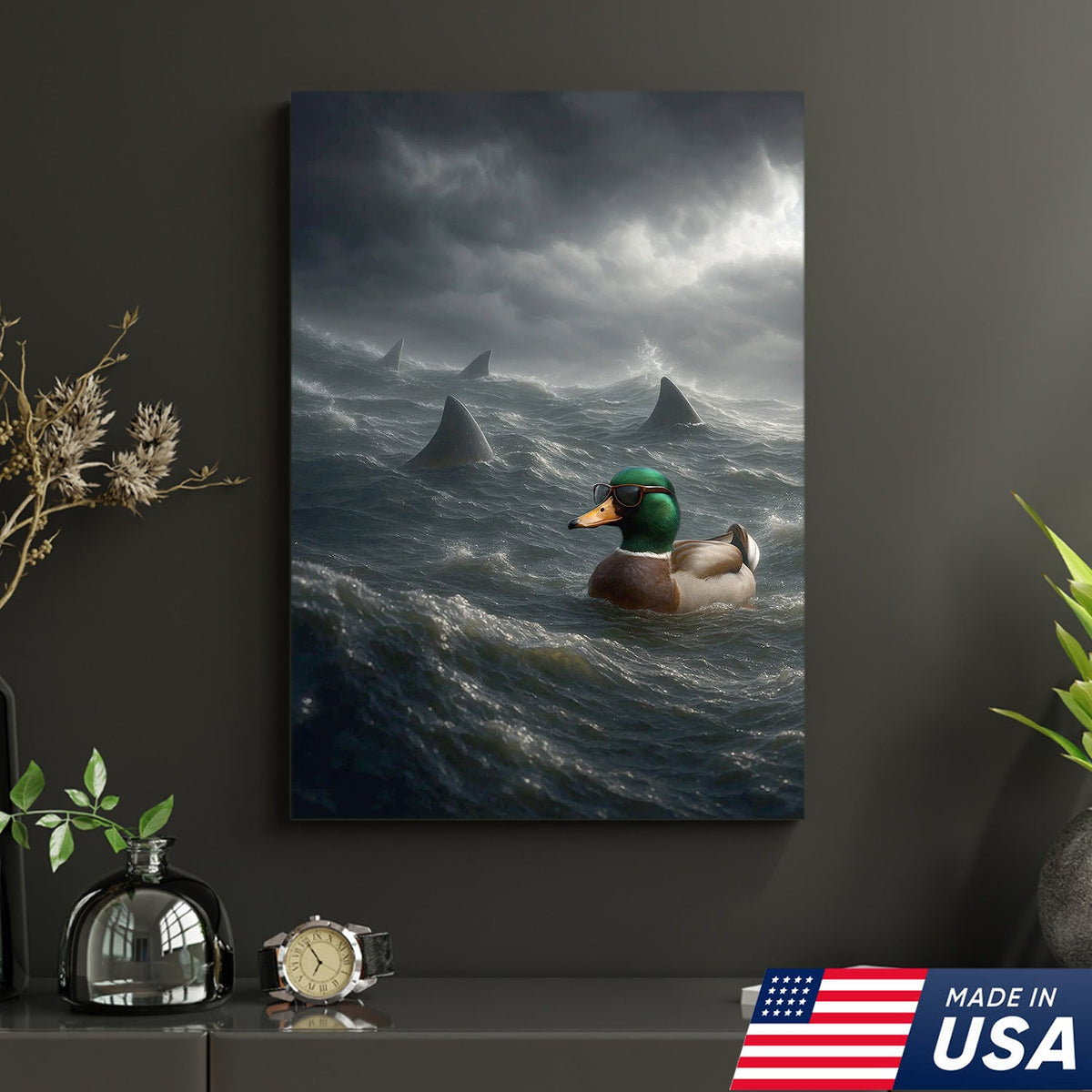 Funny Duck in Shark Infested Waters Canvas Wall Art, Cool Sunglasses Duck Ocean Storm Print