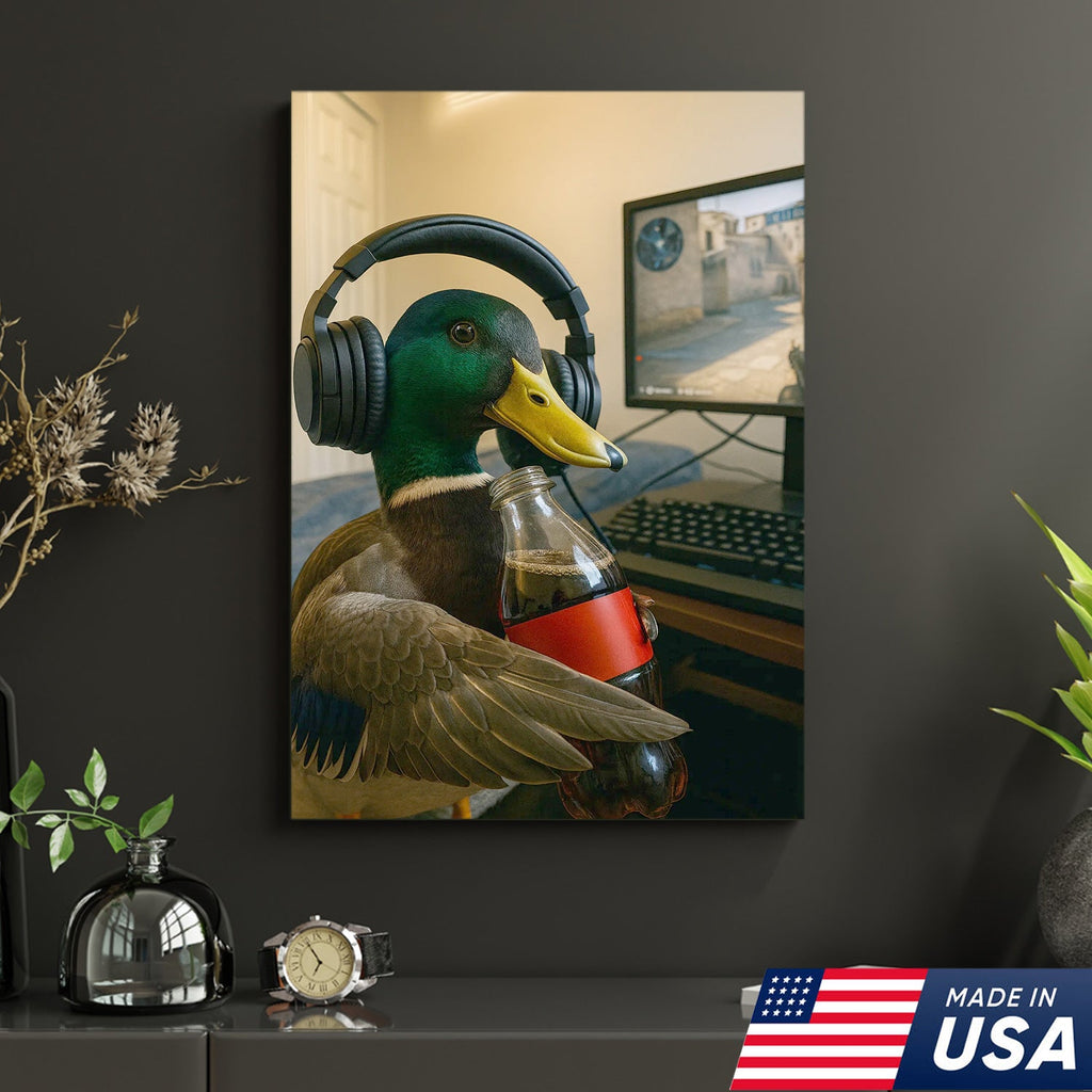 Funny Gamer Duck Canvas Wall Art, Mallard With Headphones and Soda