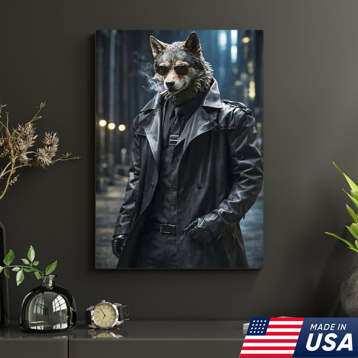 Noir Wolf Detective Canvas Wall Art, Cool in Leather Coat product image 6