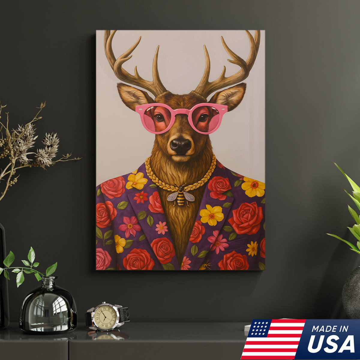 Funny Deer Wall Art Canvas – Stylish Hunter Canvas with Floral Suit & Sunglasses