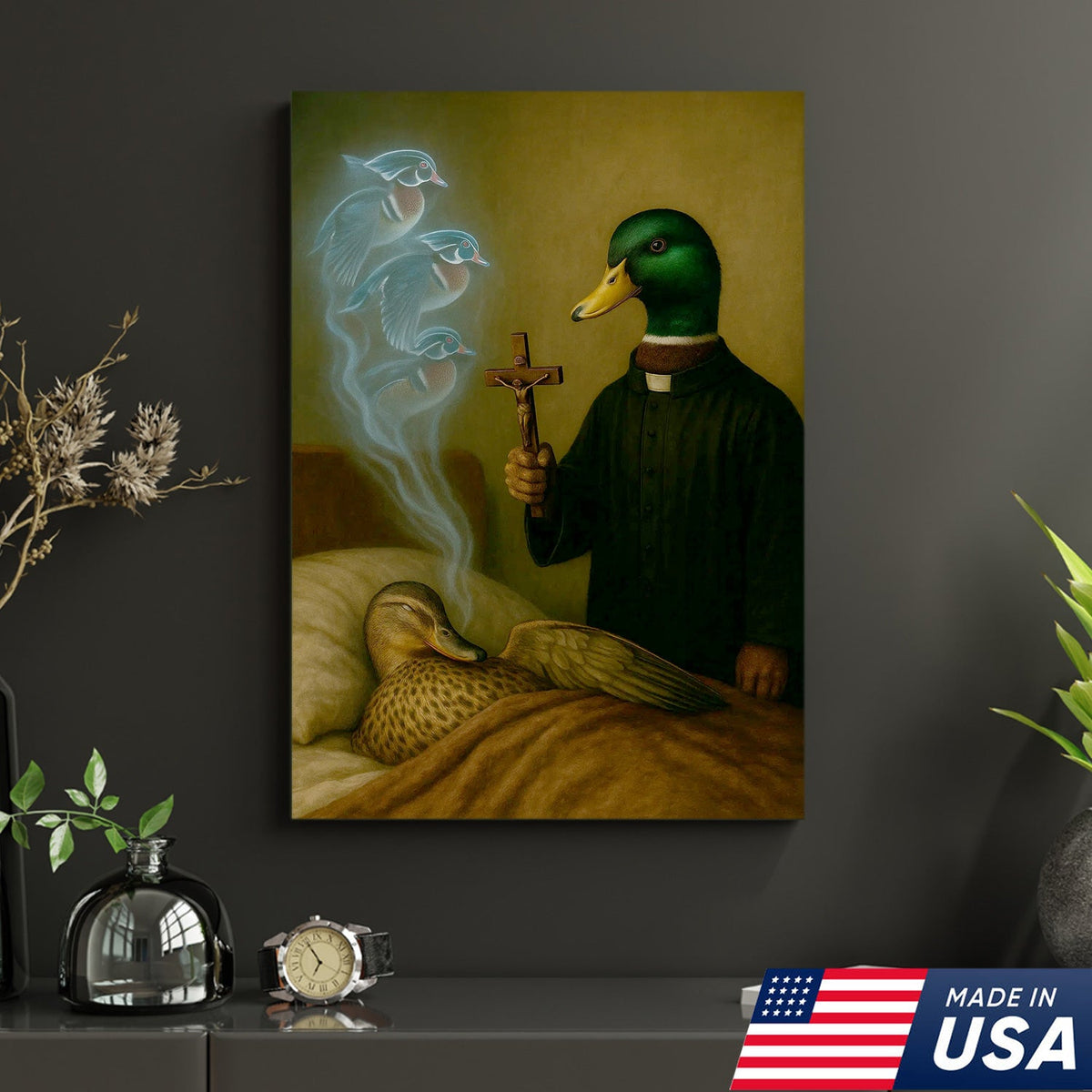 Priest Duck Canvas Wall Art, Surreal Animal Artwork, Funny Dark Humor Painting, Unique Gift for Hunters or Art Collectors