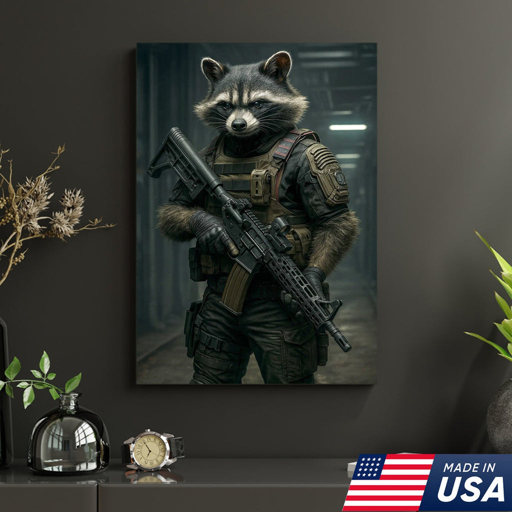 Tactical Raccoon Canvas Art – Elite Armored Trash Panda Warrior