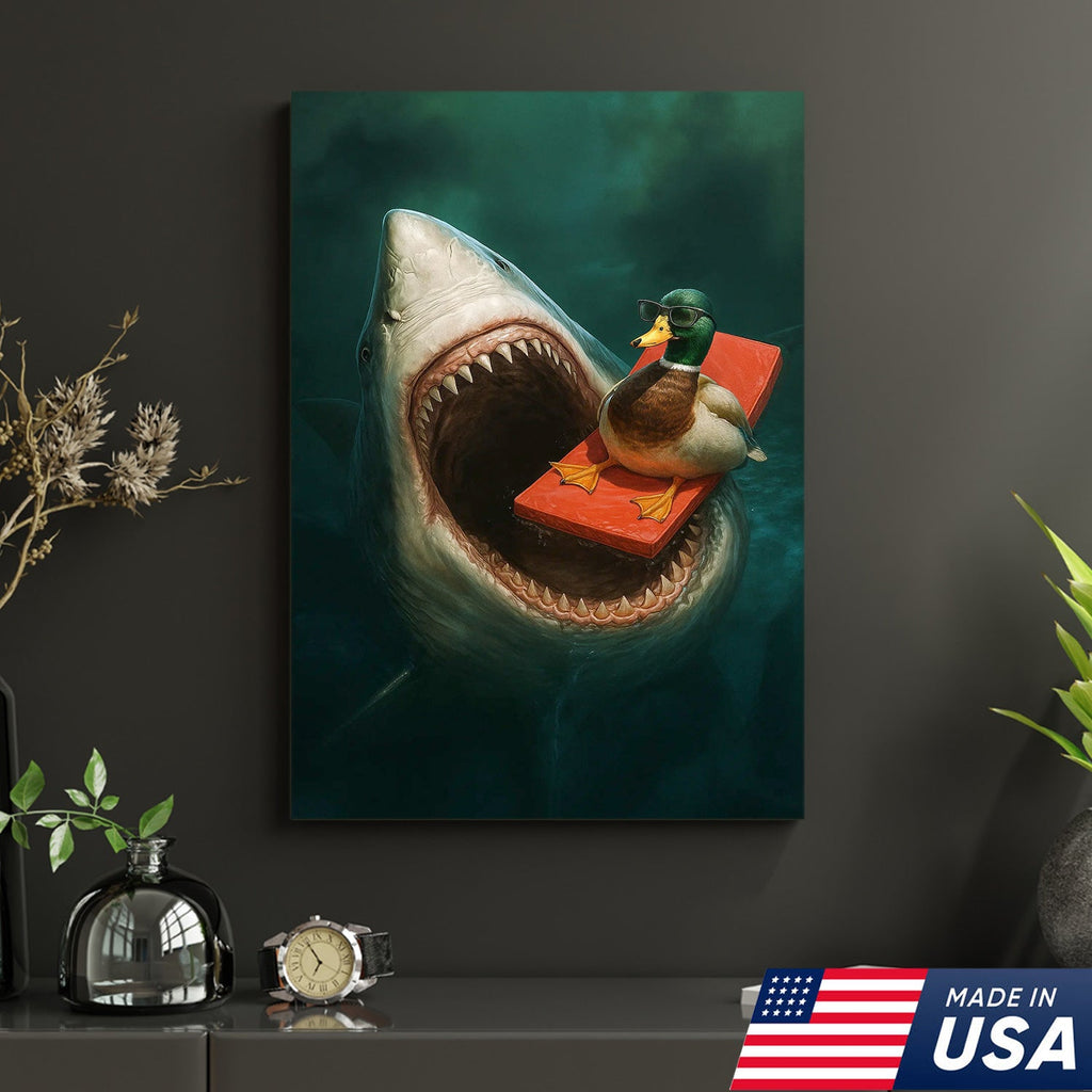 Funny Duck Shark Canvas Wall Art, Fearless Sunglasses Duck Floating Above Shark Jaws Print