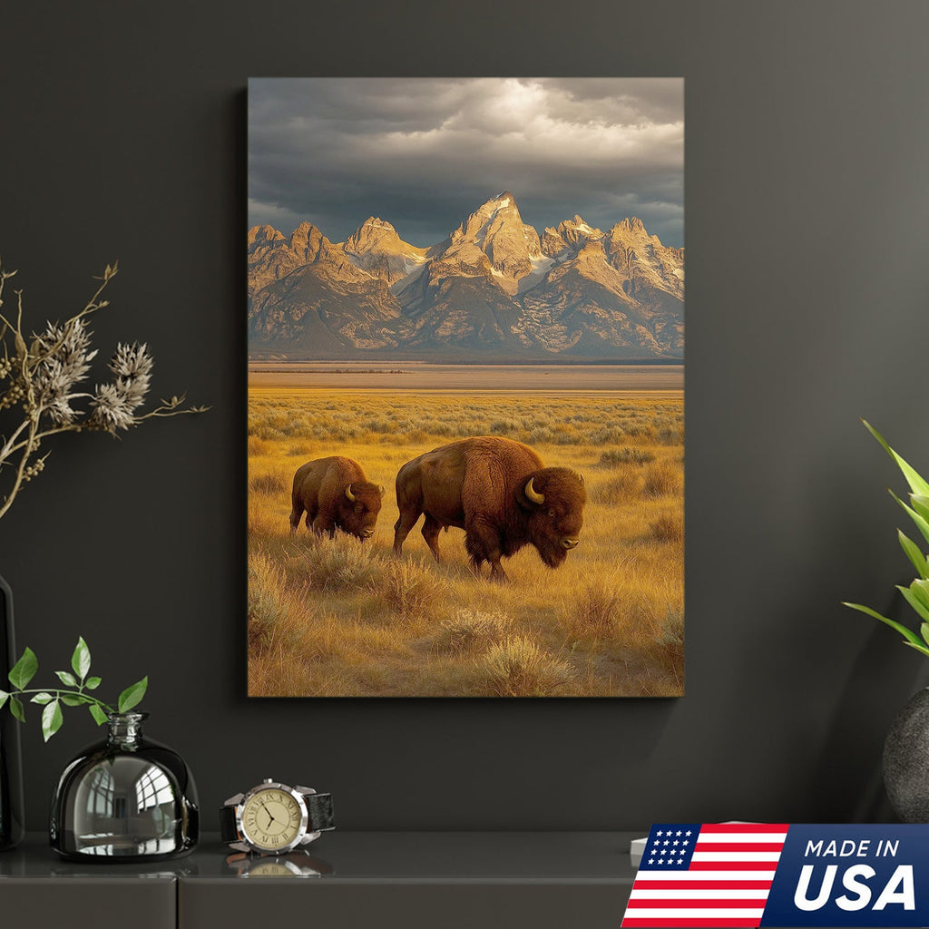 Buffalo Bison Canvas Wall Art, Grand Teton Mountain Landscape Print