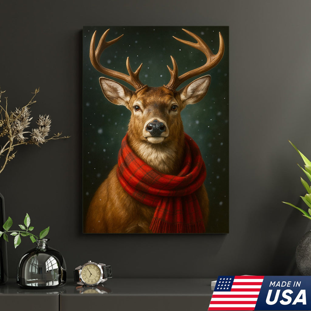 Winter Buck in Red Scarf – Christmas Cabin Wall Art, Rustic Christmas Decor