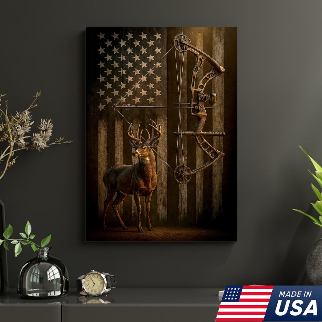 Deer and Bow American Flag Canvas Wall Art — Patriotic Hunting Decor Featuring Buck and Compound Bow