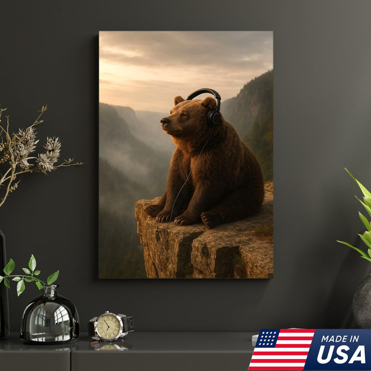 Funny Bear Wall Art, Chill Bear Canvas, Bear with Headphones Art