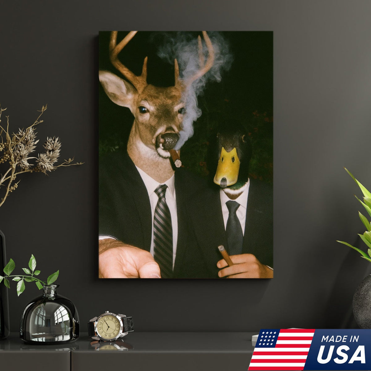 Funny Deer and Duck Canvas Wall Art - Hilarious Animal Duo in Suits