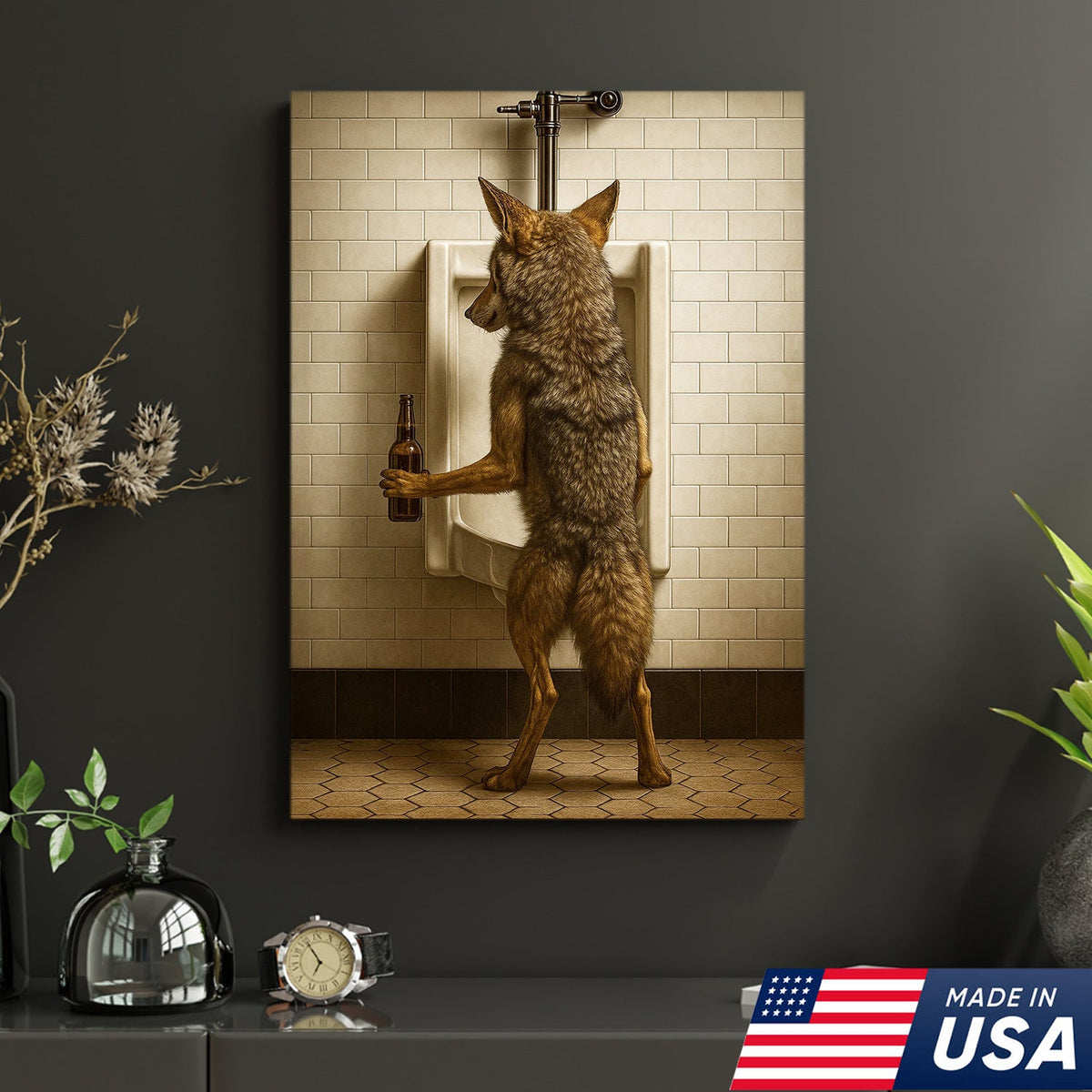 Hilarious Coyote Canvas Wall Art – Funny Bathroom Humor Decor – Rustic Hunting Cabin Gag Gift