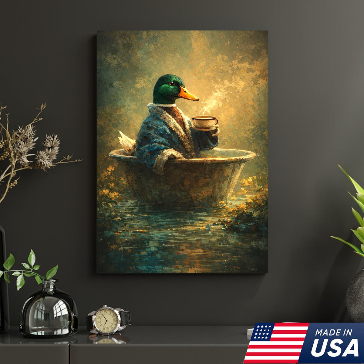 Whimsical Duck Coffee Bath Canvas Wall Art, Cozy Animal Painting