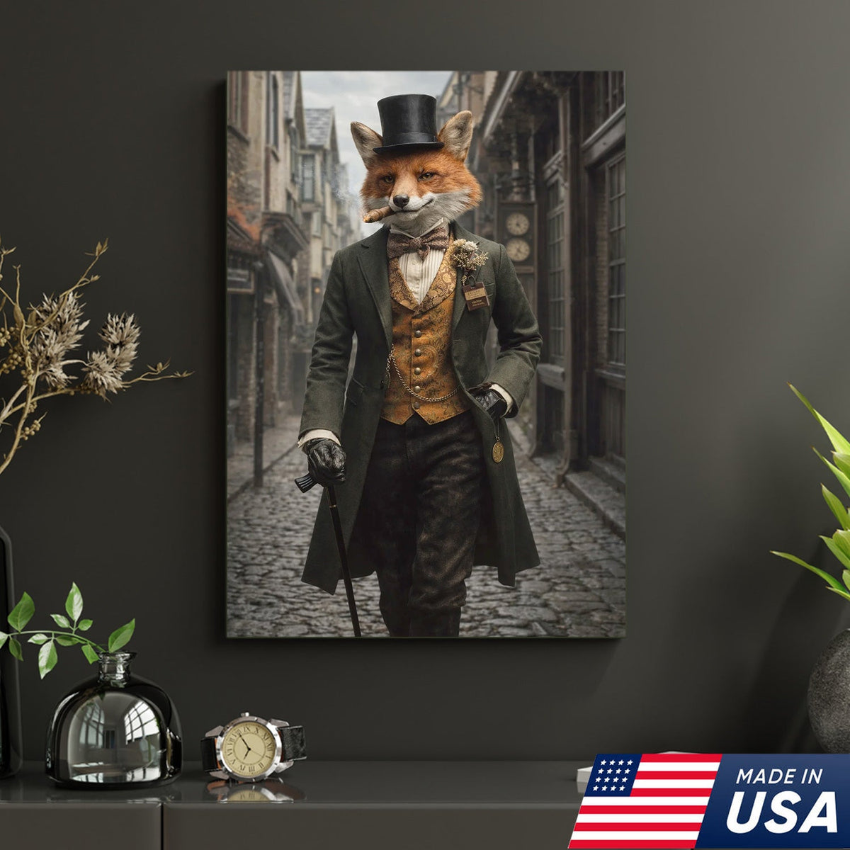 Victorian Gentleman Fox Canvas Wall Art, Elegant Anthropomorphic Fox Illustration