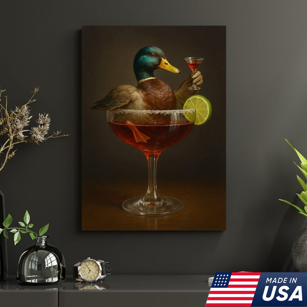 Funny Mallard Duck Canvas Wall Art - Quirky Animal in Cocktail Glass Design