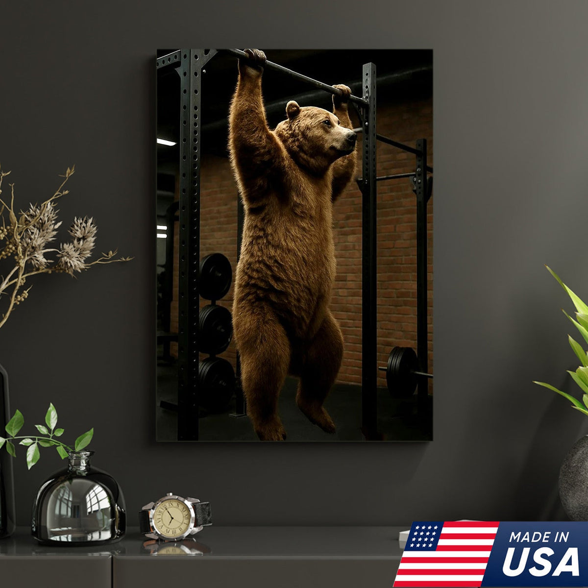 Gym Bear Canvas Wall Art, Funny Workout Animal Art, Fitness Motivation Decor