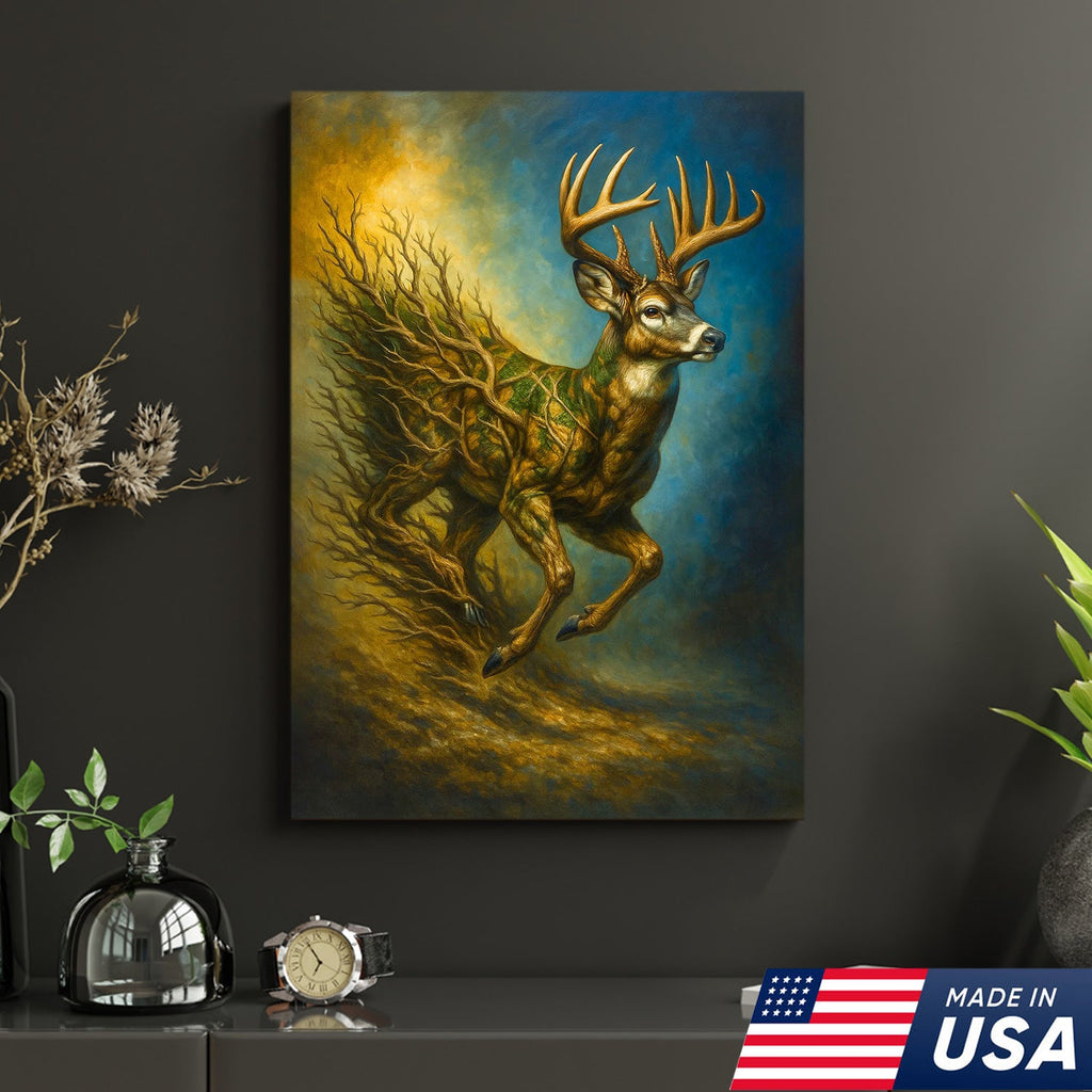 Majestic Deer Canvas Wall Art – Surreal Wildlife Nature Scene – Rustic Lodge and Cabin Decor