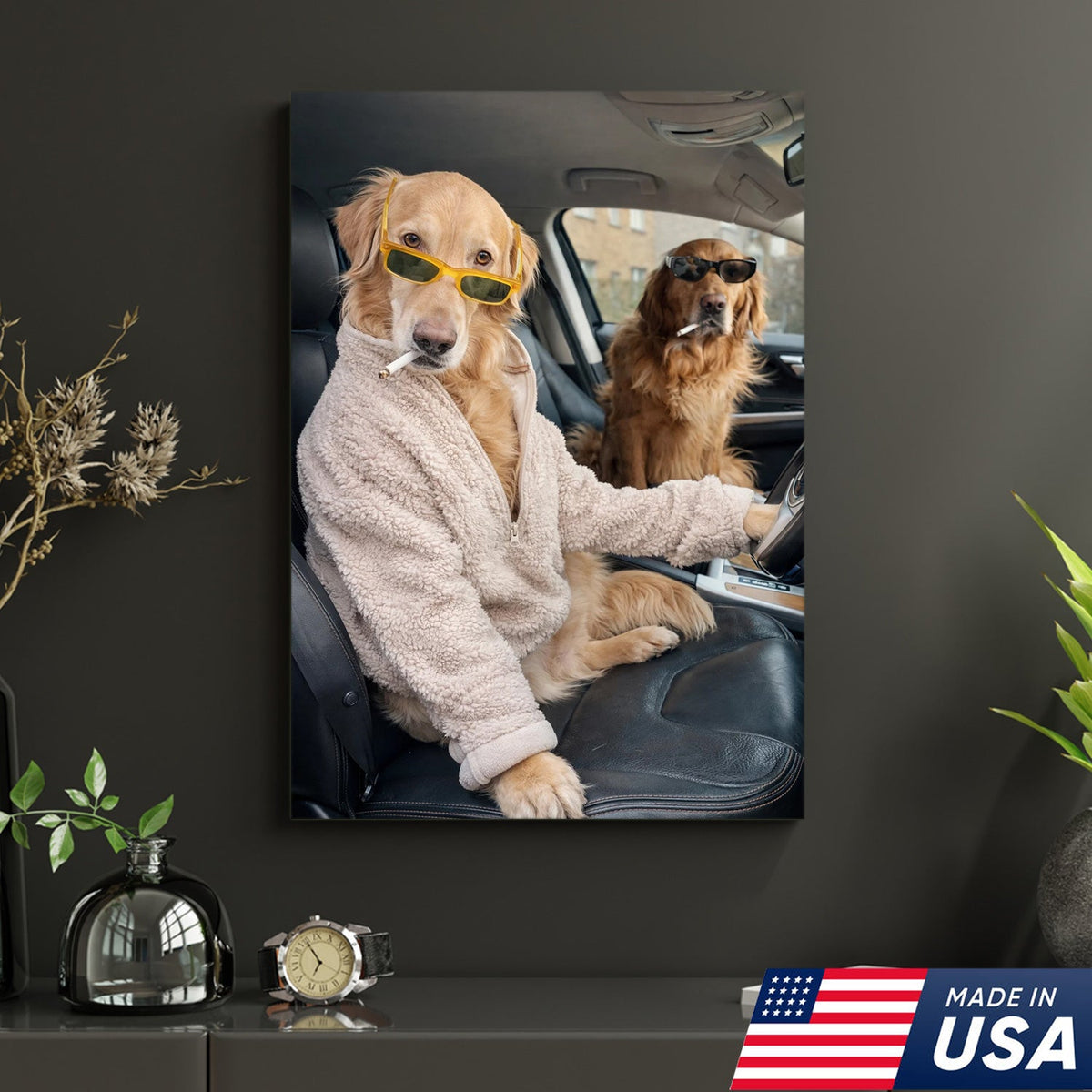Funny Dog Driving Car Canvas Wall Art, Cool Golden Retriever Duo Portrait