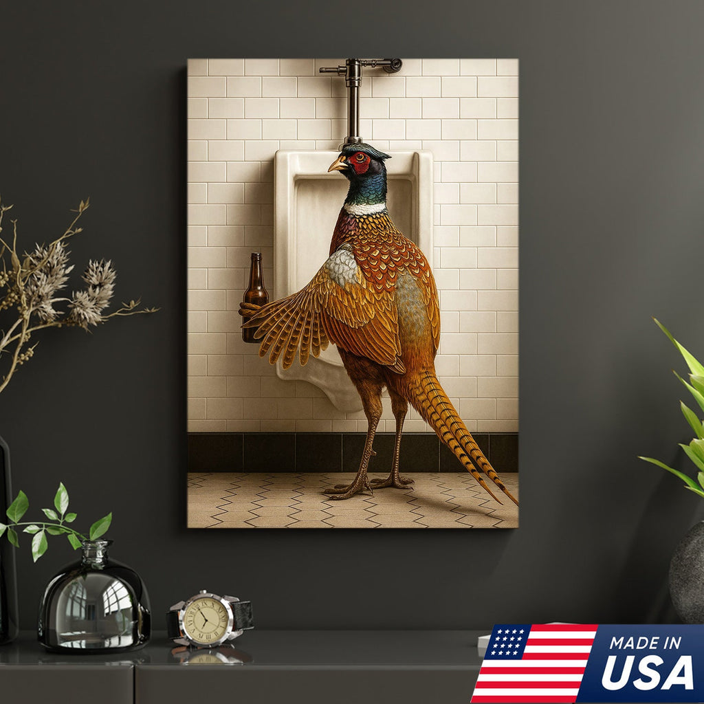 Funny Pheasant Canvas Wall Art – Hilarious Bathroom Humor Decor – Rustic Hunting Cabin Gag Gift