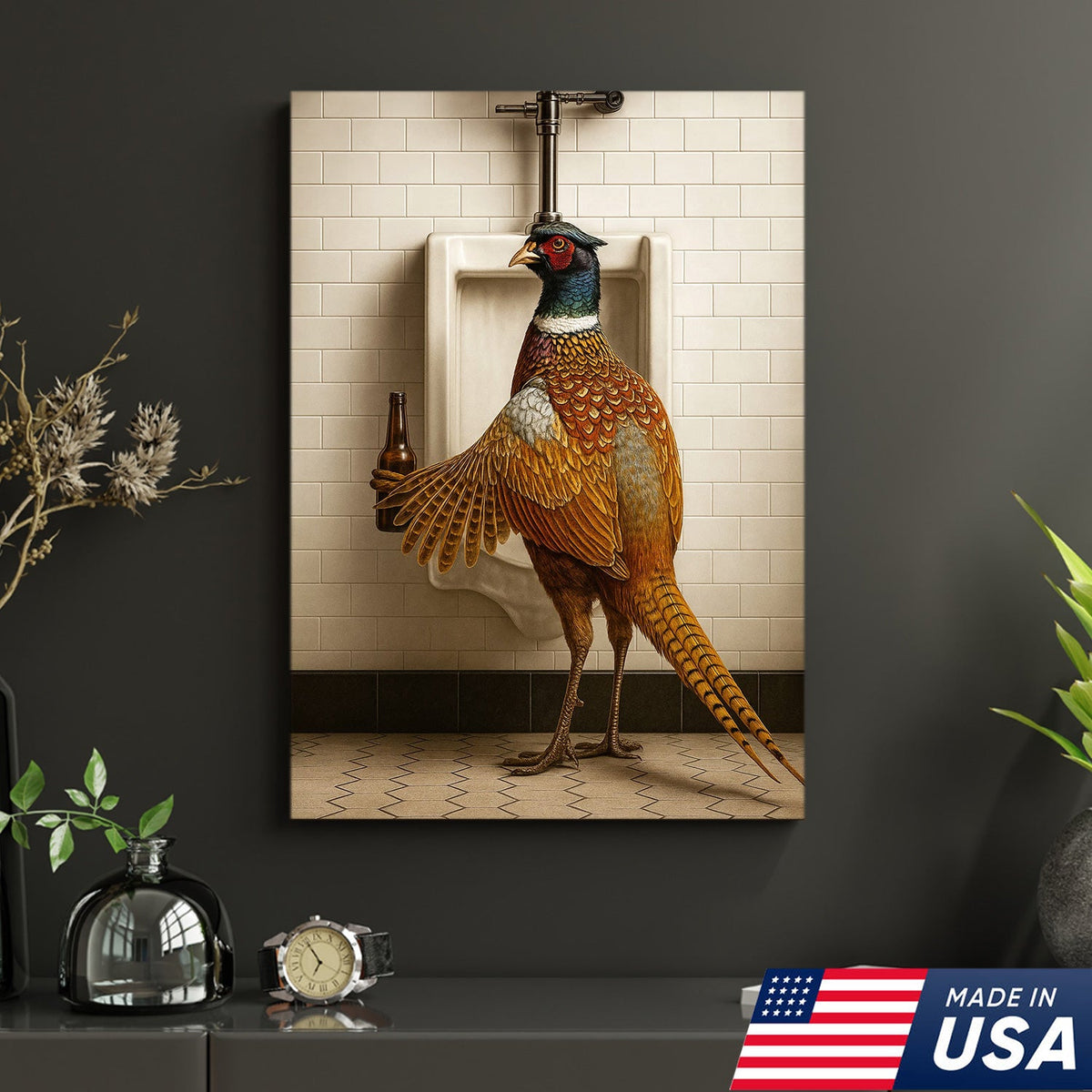 Funny Pheasant Canvas Wall Art – Hilarious Bathroom Humor Decor – Rustic Hunting Cabin Gag Gift