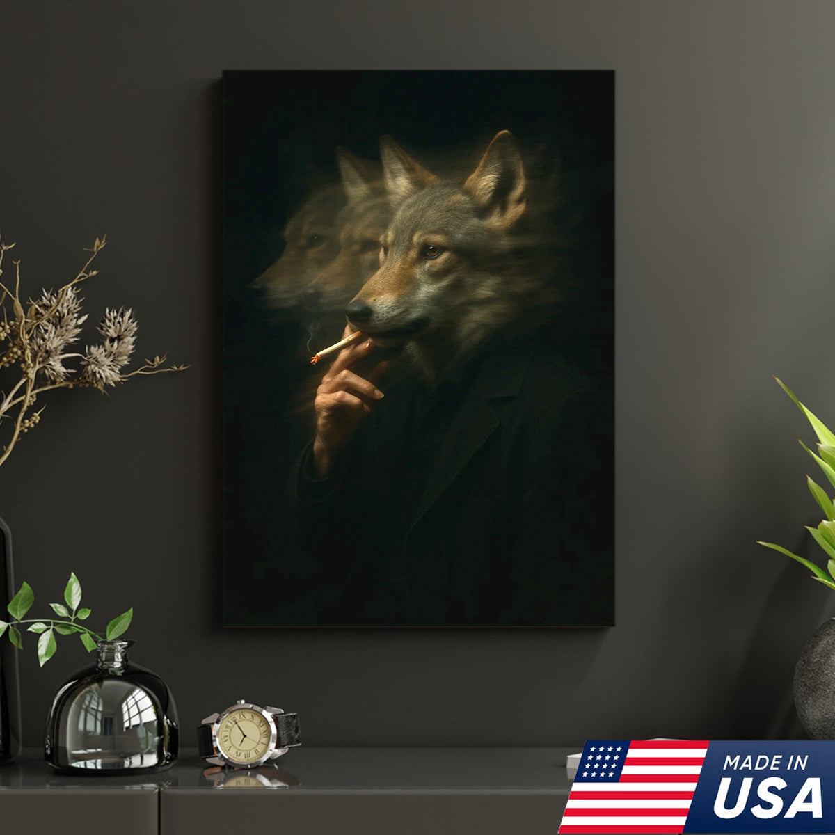 Mystical Wolf Coyote Canvas Wall Art - Mysterious Animal Portrait with Surreal Motion Effect