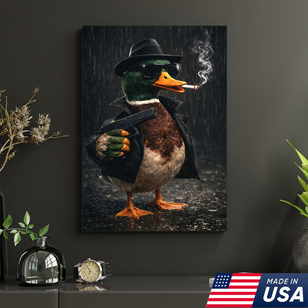 Noir Gangster Duck Canvas Wall Art, Dark Cinematic Animal Illustration