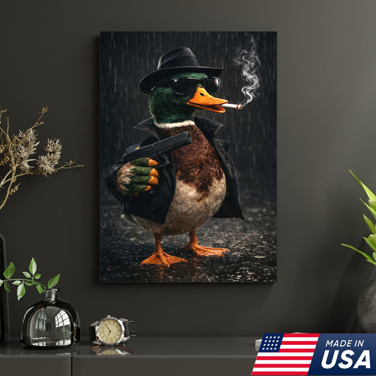 Noir Gangster Duck Canvas Wall Art, Dark Cinematic Animal Illustration