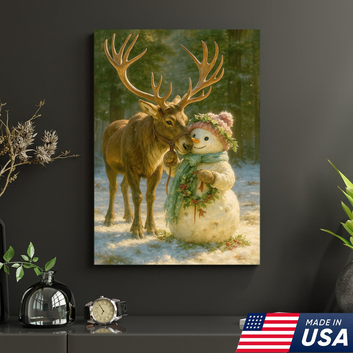 Reindeer and Snowman Friends Christmas Canvas Wall Art, Whimsical Winter Forest Holiday Print