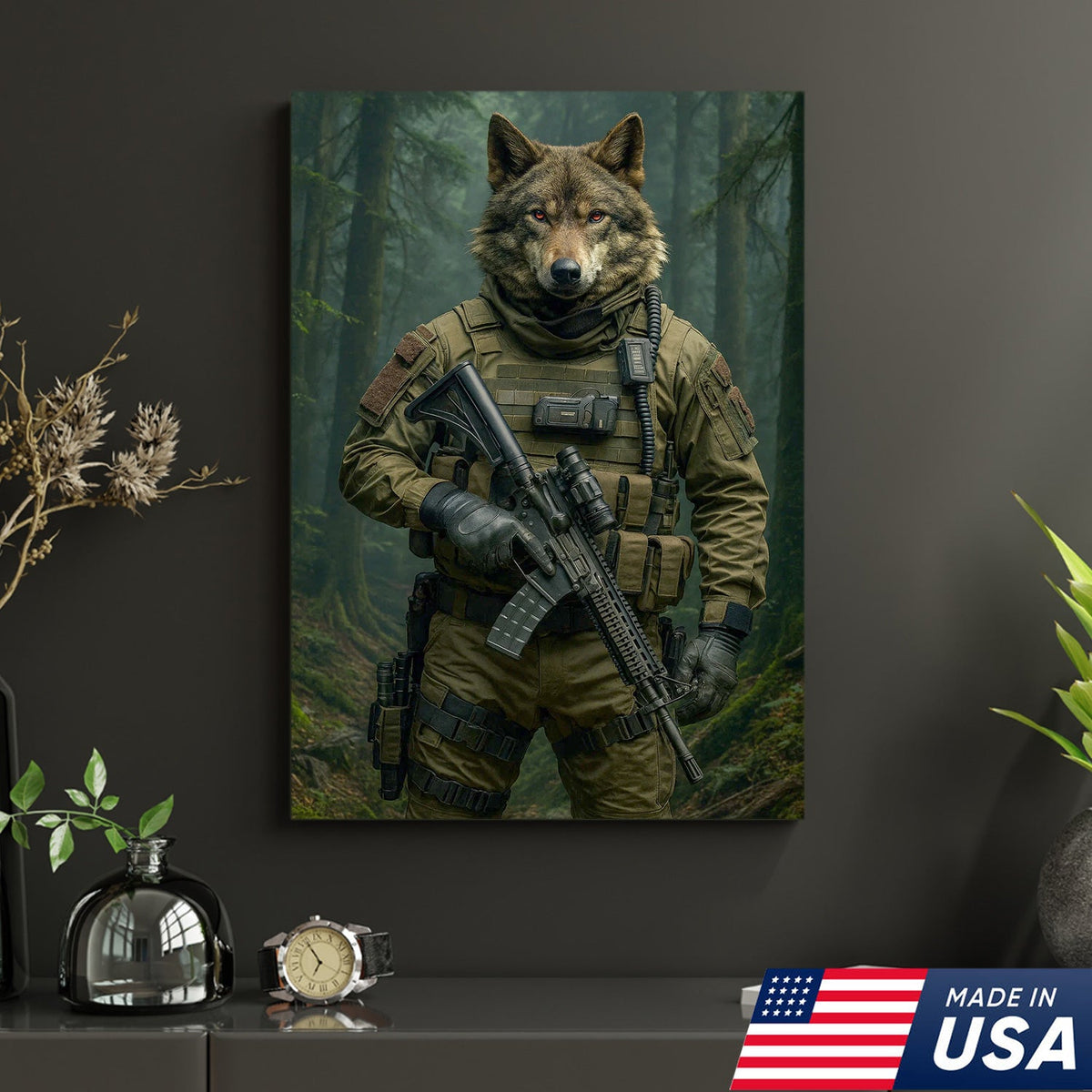 Tactical Wolf Canvas Art – Elite Armored Wolf Warrior in Forest