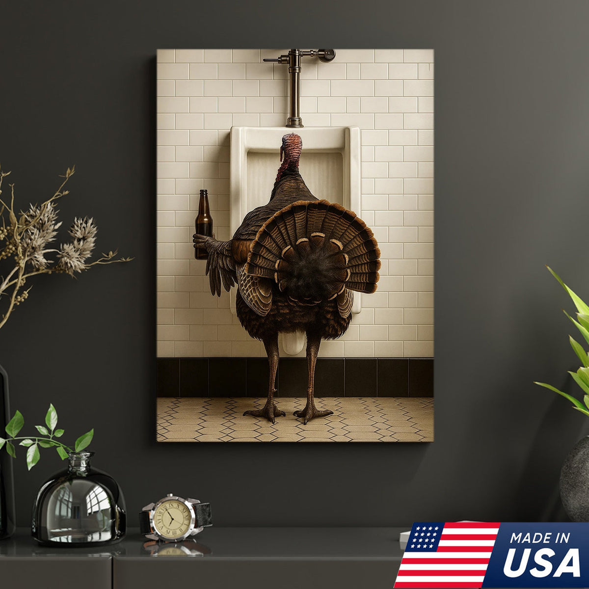 Hilarious Turkey Canvas Wall Art – Funny Bathroom Humor Decor – Rustic Hunting Cabin Gag Gift