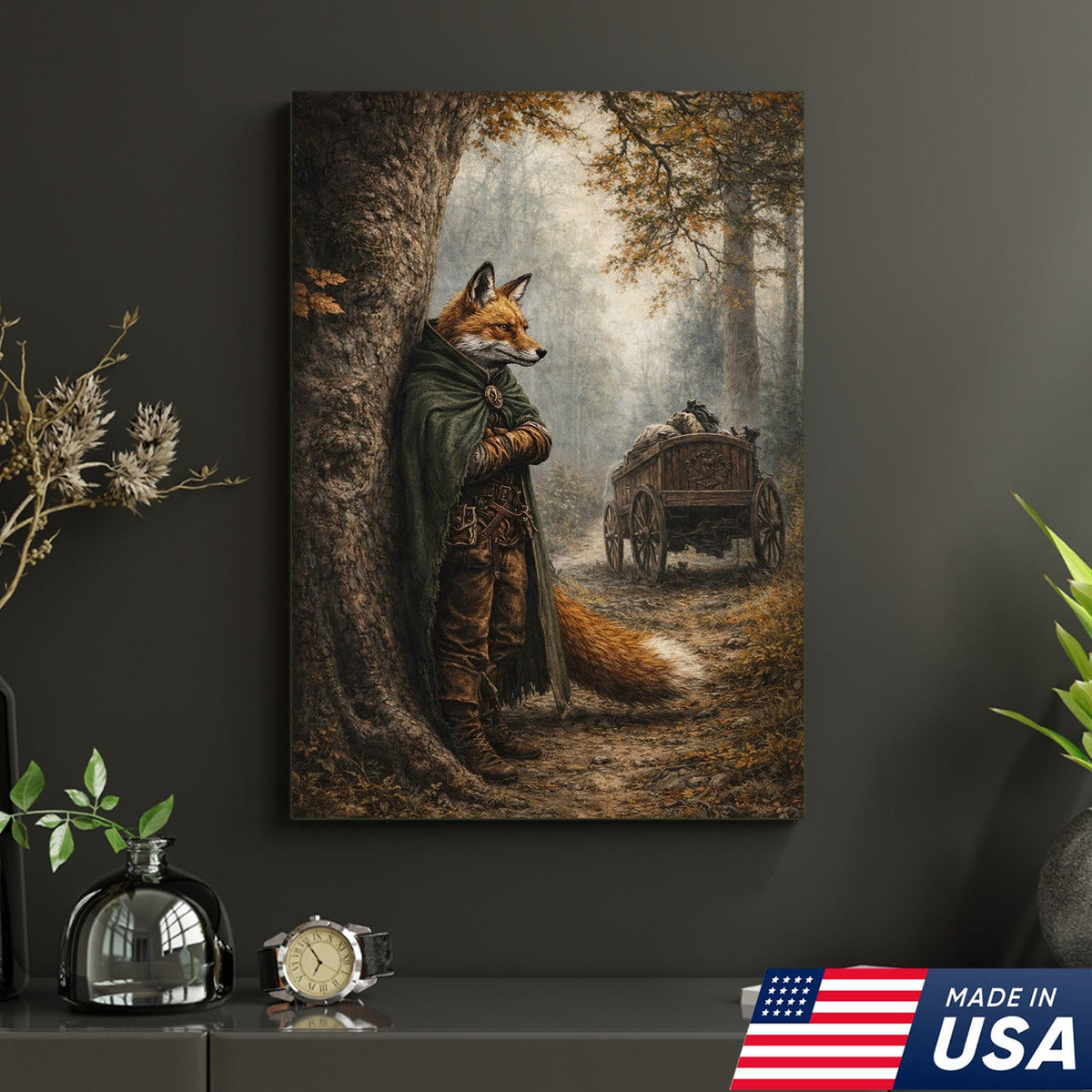 Forest Ranger Fox Canvas Wall Art, Woodland Adventure Fox Illustration