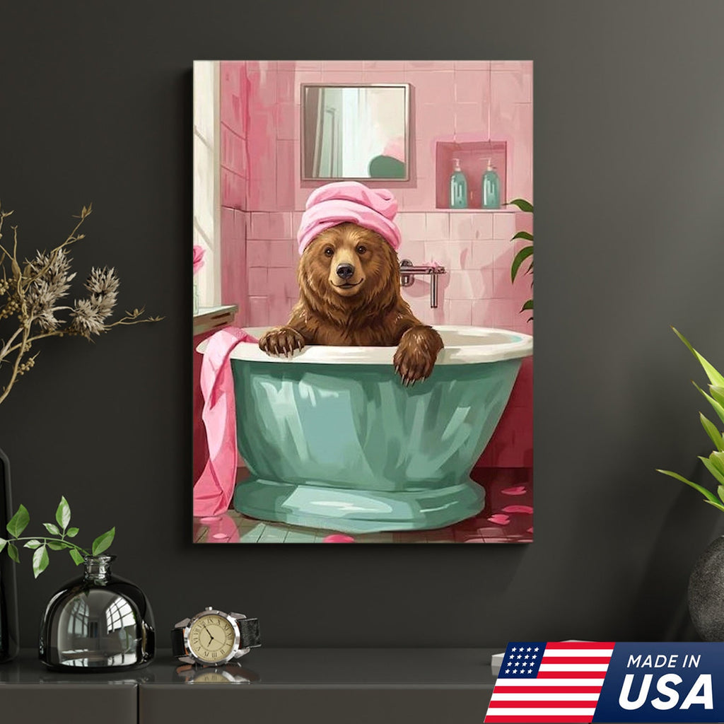 Funny Bear Bathroom Wall Art, Cute Bath Bear Canvas, Pink Bathroom Decor