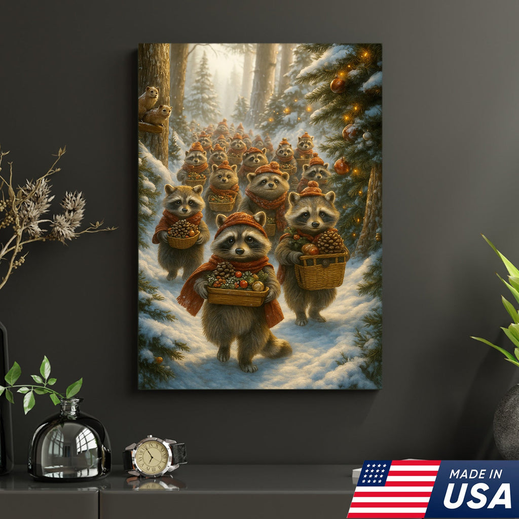 Raccoon Christmas Parade Canvas – Cozy Winter Woodland Wall Art