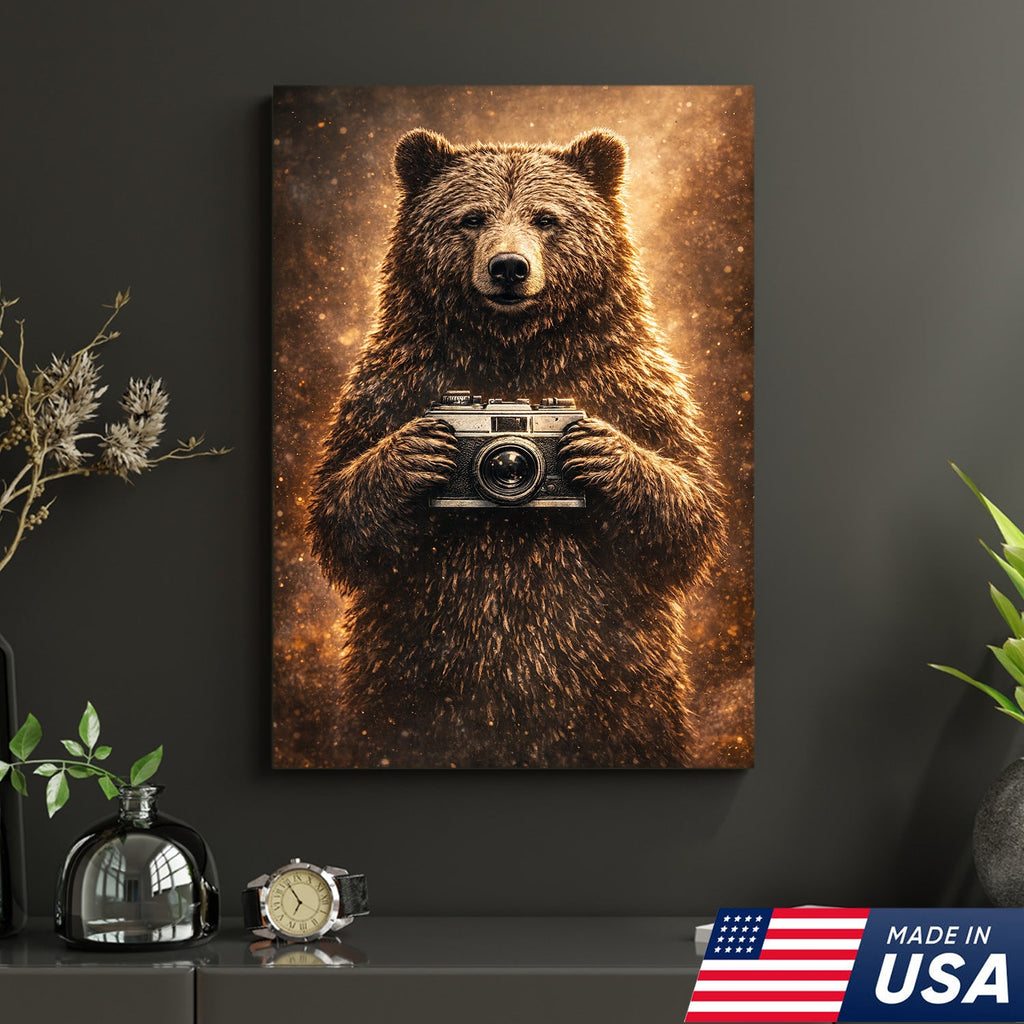 Funny Bear Photographer Wall Art Canvas – Rustic Wildlife Camera Canvas Print Decor