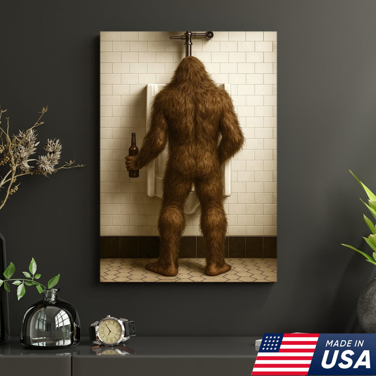 Bigfoot Funny Canvas Wall Art – Hilarious Bathroom Humor Decor – Rustic Cabin Gag Gift