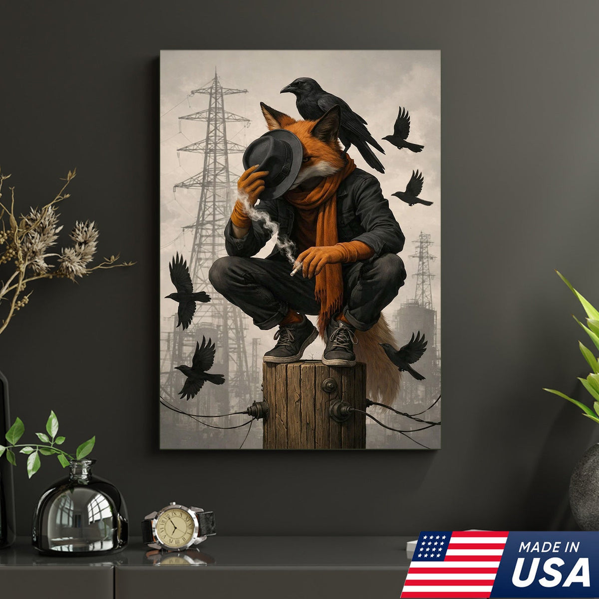 Urban Fox and Raven Canvas Wall Art, Industrial Fantasy Fox Illustration