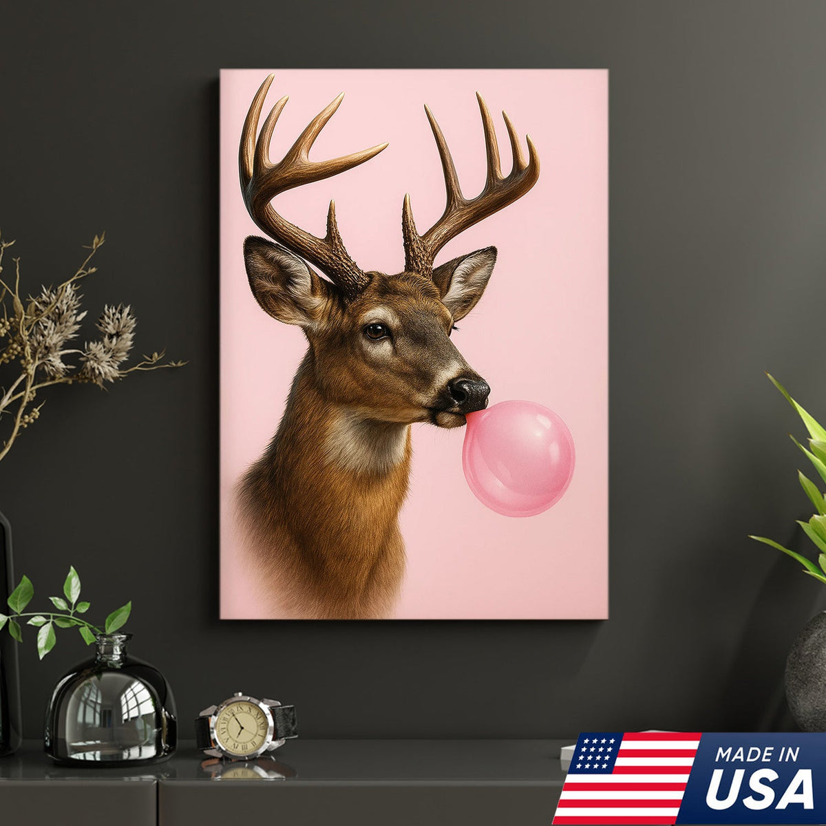 Funny Deer Blowing Bubblegum Wall Art – Modern Animal Canvas Print for Living Room