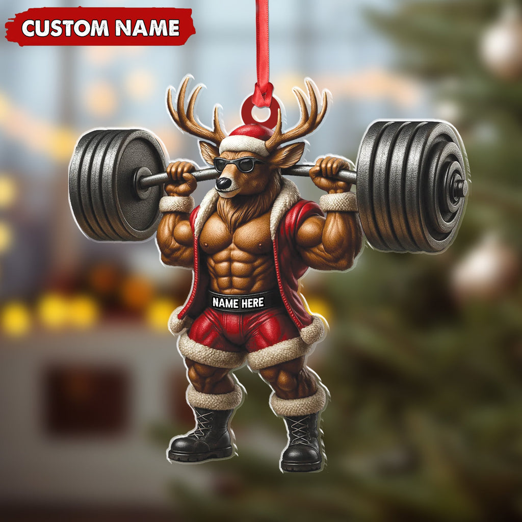 Personalized Acrylic Muscle Deer Christmas Ornament - Custom Weightlifting Holiday Decoration