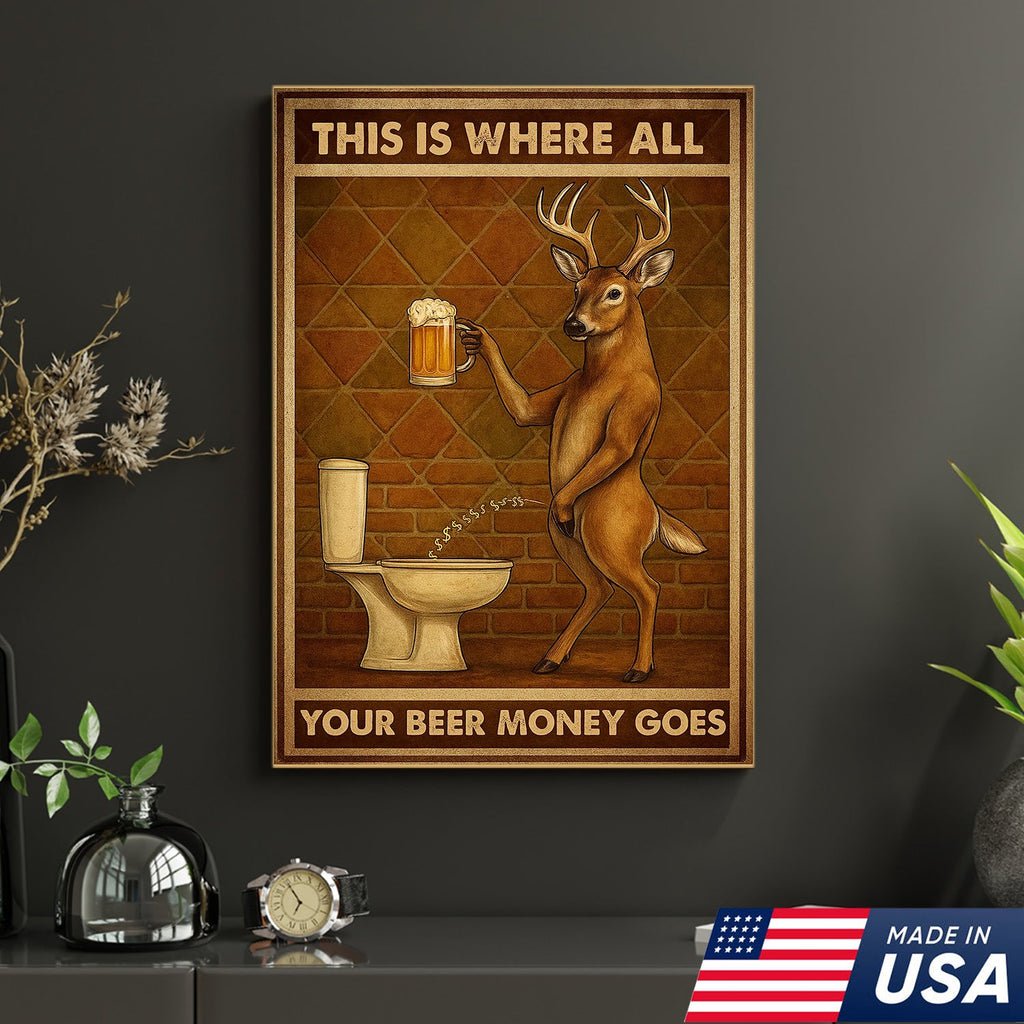 Funny Deer Beer Canvas Wall Art – Rustic Hunting Lodge Bar Decor Gift for Hunters & Beer Lovers