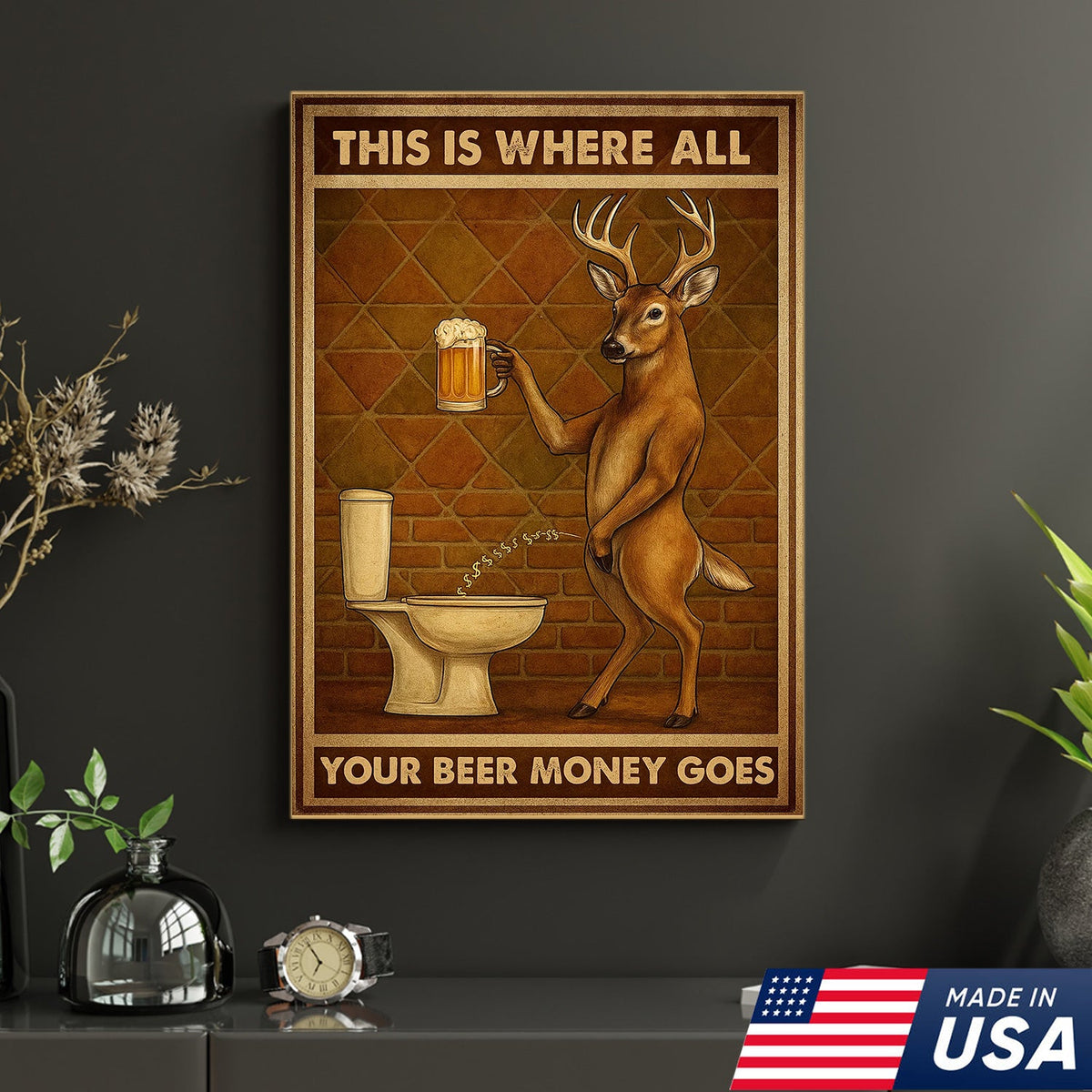 Funny Deer Beer Canvas Wall Art – Rustic Hunting Lodge Bar Decor Gift for Hunters & Beer Lovers