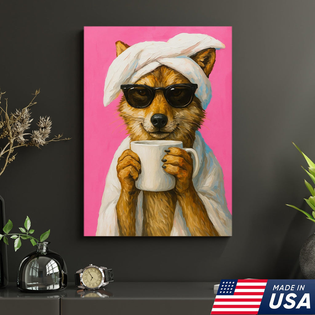Funny Fox Drinking Coffee Wall Art – Modern Animal Canvas Print for Kitchen