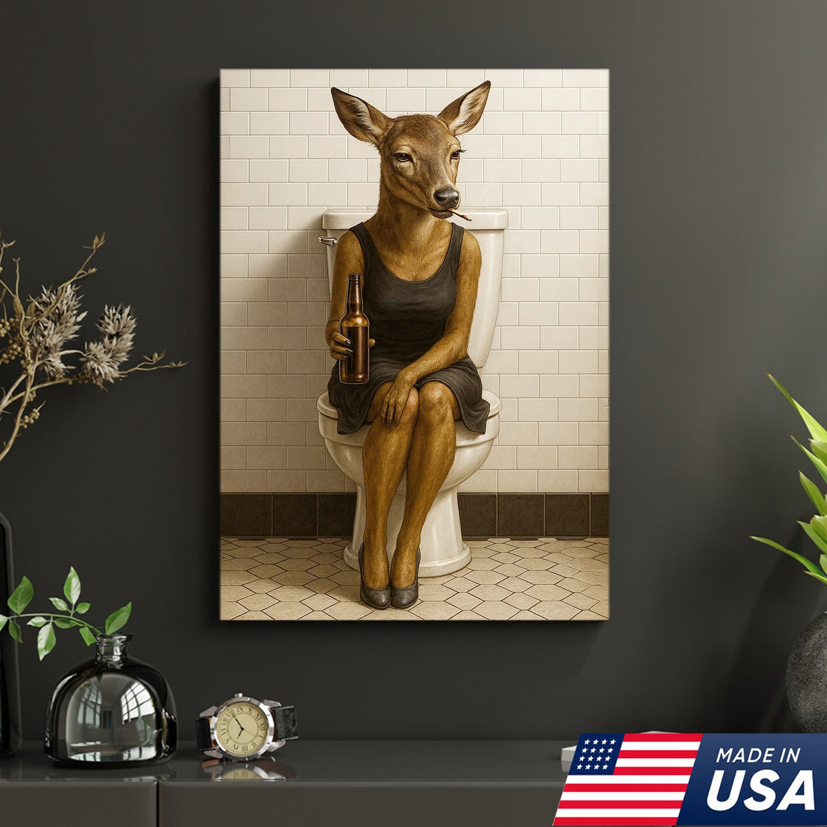 Funny Doe Canvas Wall Art – Hilarious Bathroom Humor Decor – Rustic Cabin Lodge Gag Gift