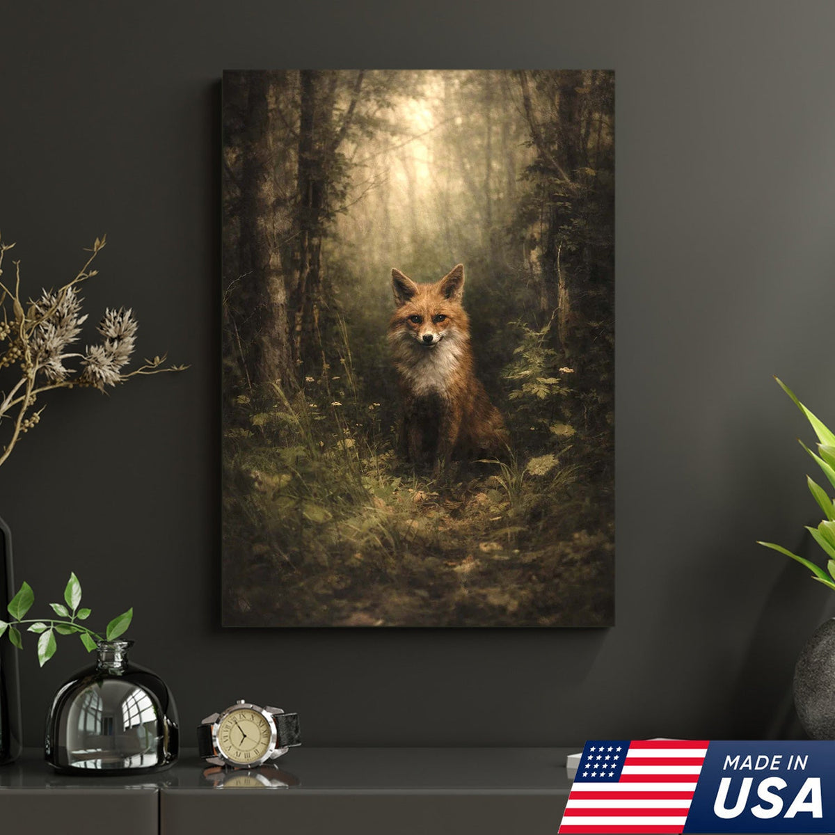 Enchanted Forest Fox Canvas Wall Art, Mystical Woodland Animal Portrait