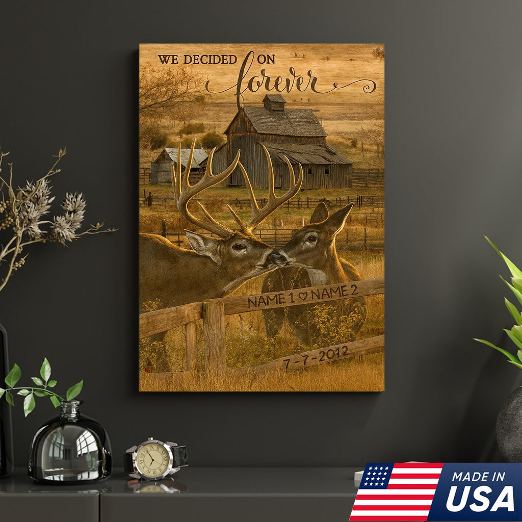 Rustic Deer Couple Canvas Art – Personalized Farmhouse Buck & Doe Kissing Scene
