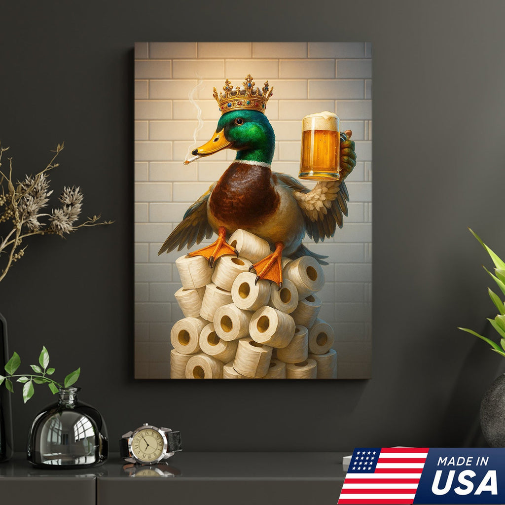 Royal Duck Canvas Wall Art - Funny Bathroom Decor with Crown and Beer - Rustic Wildlife Lodge Print