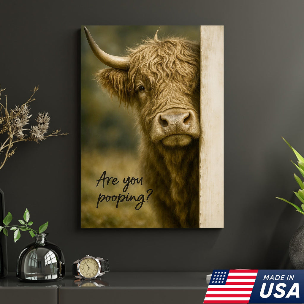 Highland Cow Bathroom Wall Art, Funny “Are You Pooping?” Farmhouse Canvas