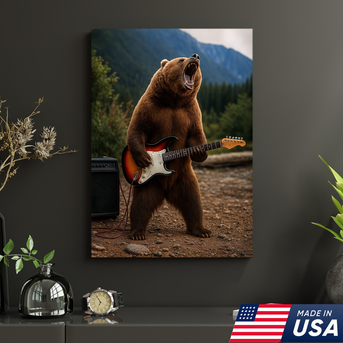 Funny Bear Canvas Wall Art – Rock and Roll Wildlife Decor, Guitar Playing Grizzly